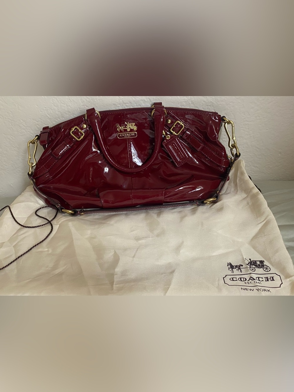 Coach Glossy Patent Satchel in Deep Wine